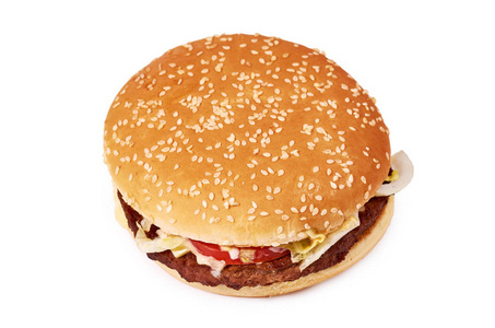 新鲜美味的汉堡与奶酪分离的白色背景。快餐芝士汉堡