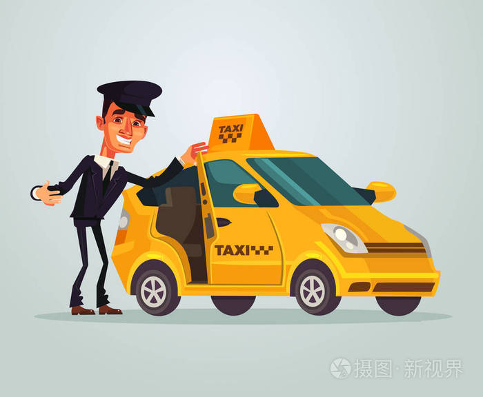 快乐微笑的出租车司机性格邀请赴他的车.矢量平面卡通