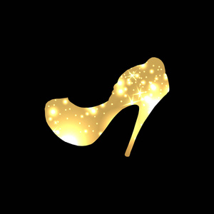 金色闪亮的女性鞋, 高跟鞋和星光闪烁黑色背景