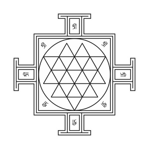 斯里兰卡扬特拉河印度教密宗的象征由联锁三角形从中心点辐射出来。神的几何学。矢量图的神秘图