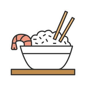米饭配虾色图标。中国炒饭在碗和筷子。孤立向量插图