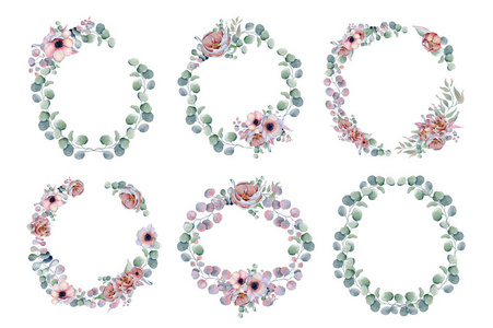 水彩花环框架集银莲花, 牡丹花和草药