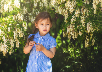 小女孩在一条裙子在开花的庭院里, 画像