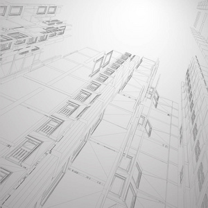 现代建筑线框图。城市线框图的概念。建筑 Cad 绘图的线框建筑插图