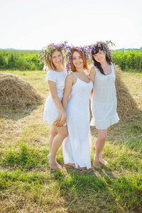 三个年轻漂亮的姑娘在白色礼服和花圈的野花 stayingng 附近的干草堆着笑着。在村子里的夏天