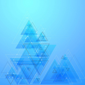 抽象多边形低聚矢量背景与蓝色三角形, 连接点和线。连接结构