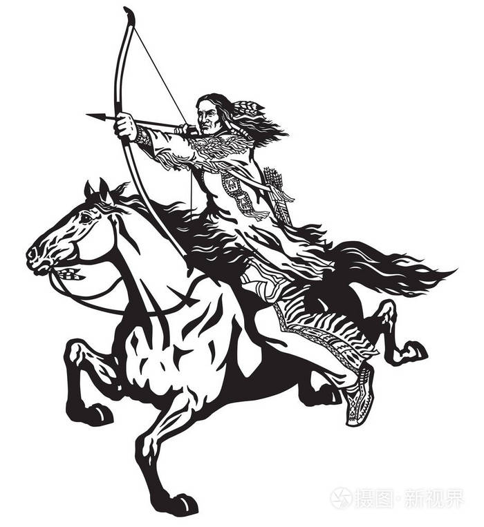 美国本土印第安人射手骑着马骑马和射击弓和箭游牧骑士战士或猎人在