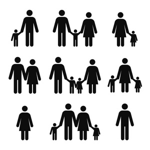 家庭概念图标。母亲, 父亲, 儿子和女儿象形图。人们坚持数字符号。有孩子的成年夫妇。单身男人和女人。向量