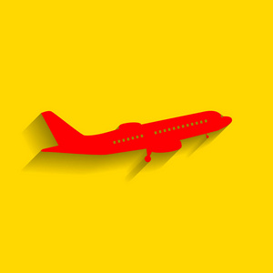 飞行的飞机标志。侧面图。矢量。与柔和的阴影，在金色的背景上的红色图标