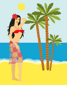 美丽的女孩在裙上的海和棕榈树的背景和衣