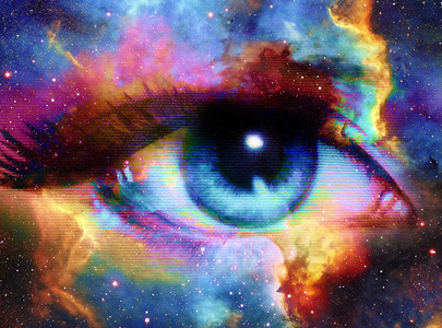 女人的眼睛和宇宙空间的星星。抽象色彩背景，眼神的交流