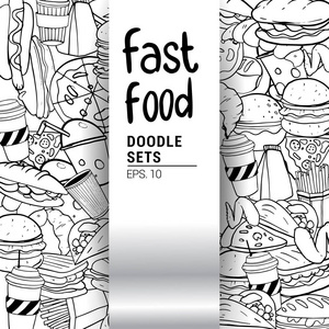 手工绘制的快速食品与刻字素描。涂鸦集, 矢量插图