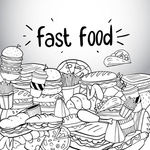 手工绘制的快速食品与刻字素描。涂鸦集, 矢量插图