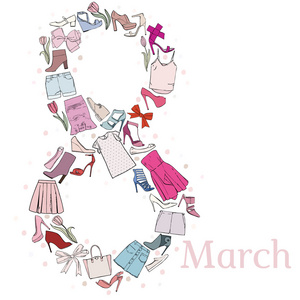 矢量与多彩妇女的服装 鞋 弓和花 3 月 8 日