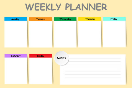 每周的计划者用不同颜色设计的一周中每一天的笔记和白色图表的图表准备好你的文本