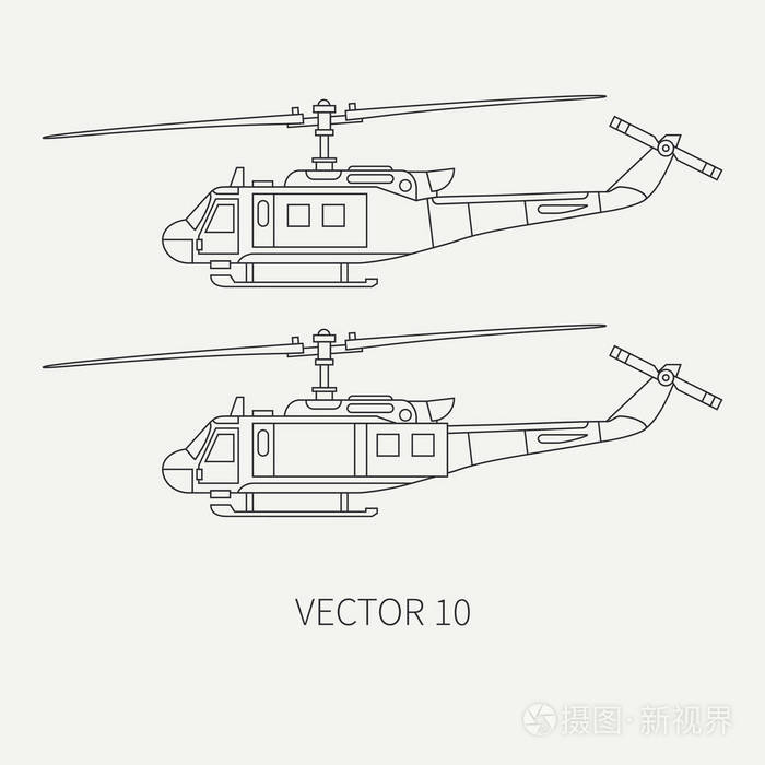线平矢量图标设置军事涡轮螺旋桨飞机运输直升机.军队装备和武器装备.