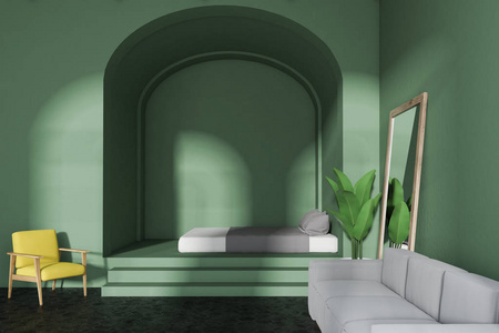 一个舒适的卧室, 里面有灰色的沙发, piedestal 的床和墙边的高高的镜子。3d 渲染模拟