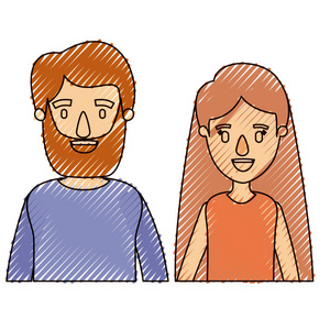 彩色蜡笔条纹漫画半身夫妇女人与长长的头发和胡子的男人