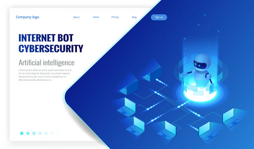 等距网络 bot 和网络安全, 人工智能概念。Chatbot 免费机器人虚拟协助网站或移动应用。矢量插图