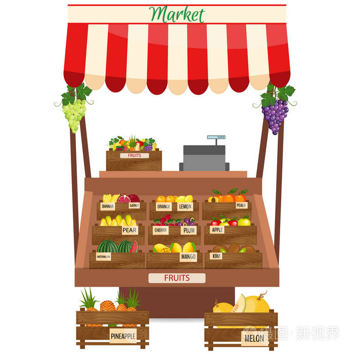 当地的水果摊.新鲜的有机食品产品商店货架上.农业展览海报