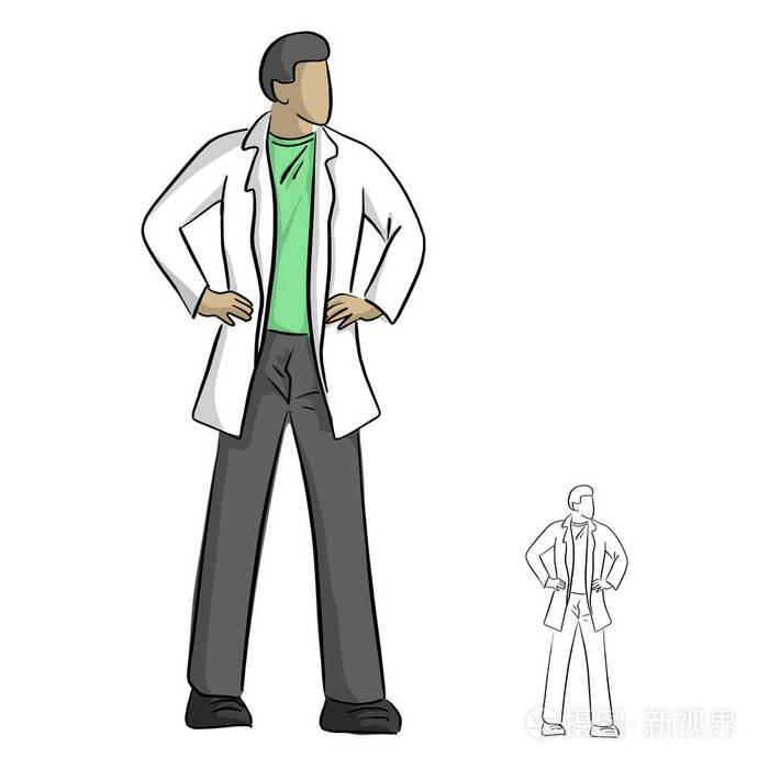 医生在礼服与武器叉腰矢量插图草图涂鸦手画与黑色线隔离在白色背景上
