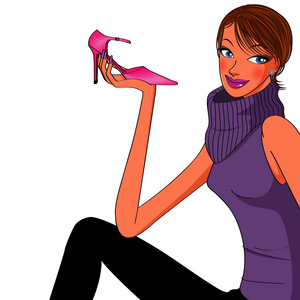 紫色的毛衣妇女手拿粉红色高跟鞋