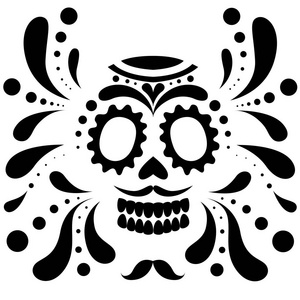 黑色剪影。墨西哥骷髅面具天的死头骨, 卡通风格。糖头骨与花元素。在白色背景上隔离的矢量平面插图
