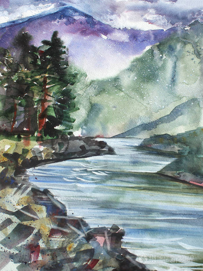 水彩插图.高山景观,河流,树木天空