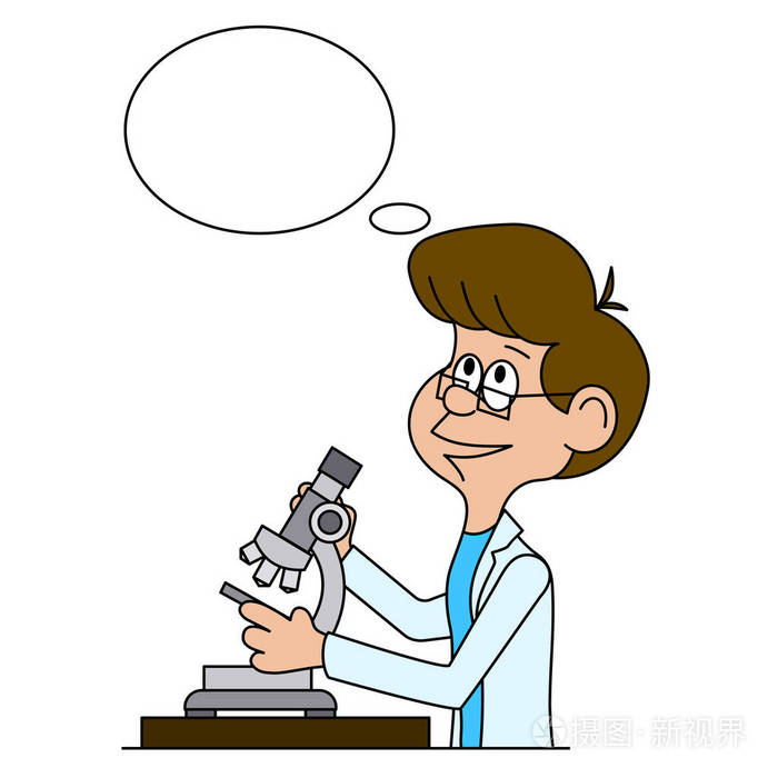 可笑的漫画生物学家在显微镜下看起来矢量图