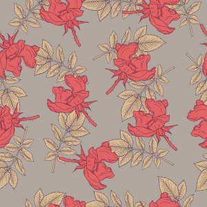 无缝图案与野生玫瑰花和米色的叶子在柔和的灰色背景。手绘矢量图