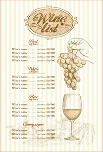 酒单菜单, 手绘图形插图, 一束葡萄和一杯葡萄酒