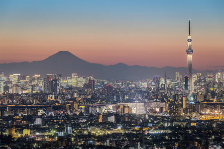 东京夜景, 东京 Skytree 地标与东京市中心大厦区域和山富士在冬天季节