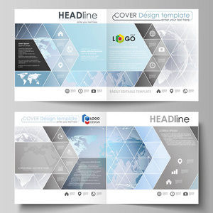 矢量图的两个封面模板的可编辑布局为广场设计双折叠小册子 杂志 传单 小册子。技术概念。分子的结构，连接背景