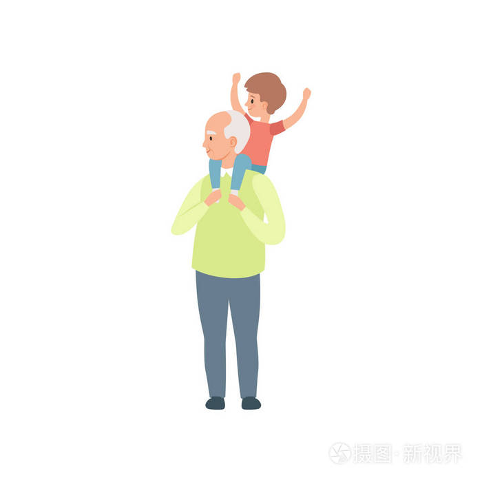 爷爷背着小孙子在他的肩膀上, 祖父花时间玩孙子矢量插图白色背景