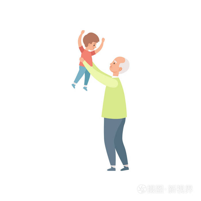 爷爷抱着小孙子 祖父花时间玩孙子矢量插图白色背景