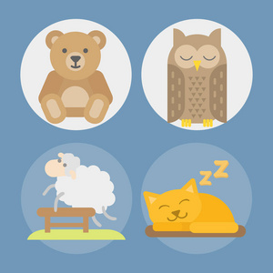 睡眠动物图标矢量图礼品玩具泰迪熊睡觉猫头鹰猫套