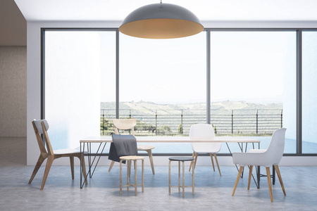 阁楼餐厅内设有全景窗山景木桌等多种类型的椅子。3d 渲染模拟