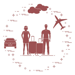 男人和女人的手提箱, 飞机, 云, 汽车。暑假时间, 假期。休闲