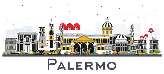 巴勒莫意大利城市天际线与颜色大厦隔绝在白色。矢量插图。商务旅游和旅游概念与历史建筑。巴勒莫城市景观与地标