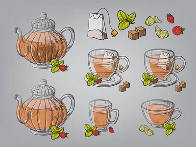 茶叶和玻璃茶壶的集合