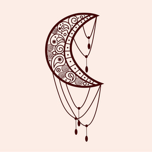 米哈迪传统印第安民族象征与月亮。适合于指甲花设计, 织物, 纺织品, t恤印刷或海报