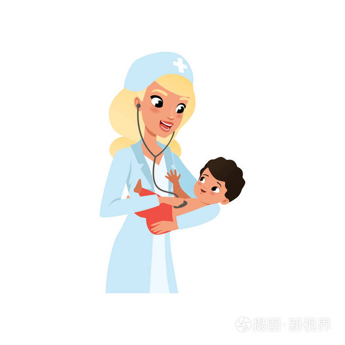白大衣女儿科医生用听诊器对婴幼儿进行体格检查, 儿童保健在白色背景