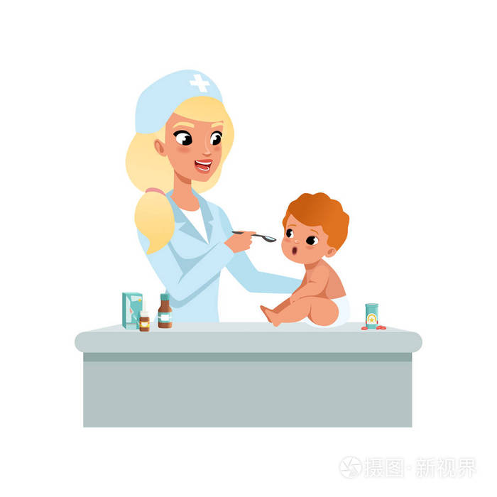 白大衣女儿科医生拿汤匙糖浆药给婴儿婴儿, 医疗保健儿童白色背景的