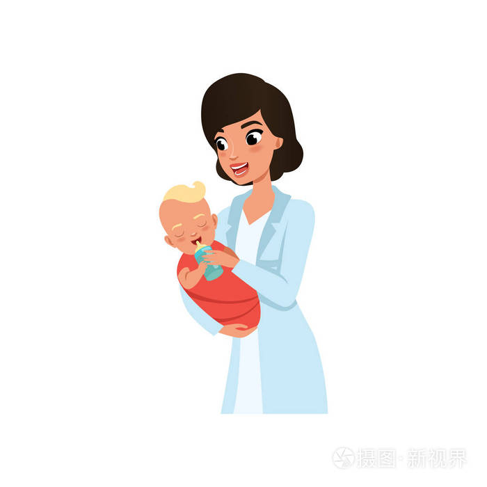 女性儿科医生或护士白大衣喂养婴儿从一个瓶子 保健儿童的白色背景下