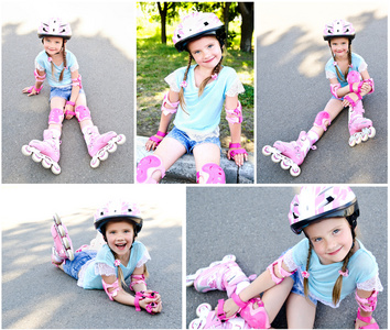 可爱微笑的小女孩，在粉红色溜冰鞋