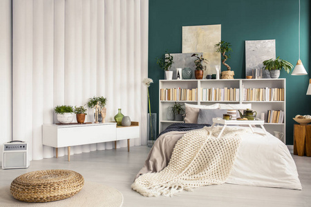 现代卧室内有盆栽植物, 绿松石绿色墙和白色家具