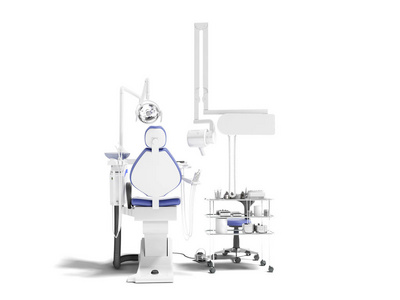 现代蓝椅牙科办公室与牙科工具3d 渲染白色背景与阴影
