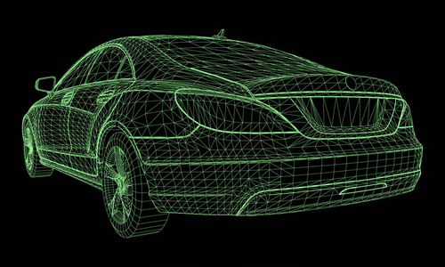 这个模型运动一辆高档轿车。黑色背景下绿色多边形三角形网格形式的矢量图解