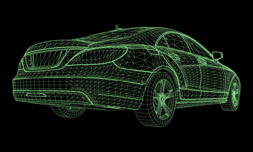 这个模型运动一辆高档轿车。黑色背景下绿色多边形三角形网格形式的矢量图解