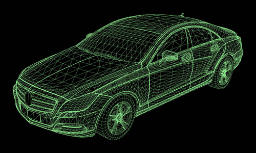 这个模型运动一辆高档轿车。黑色背景下绿色多边形三角形网格形式的矢量图解